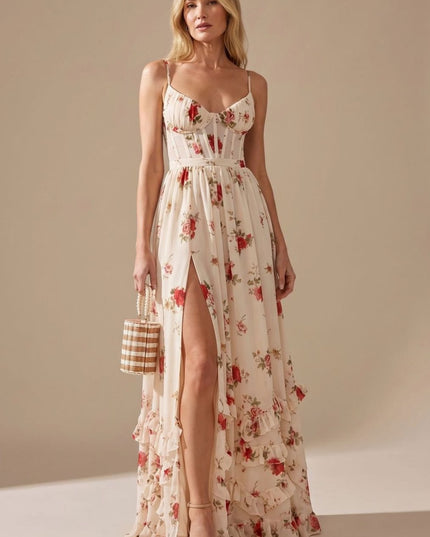 Women's Floral Ruffle High Split Sweetheart Maxi Dress