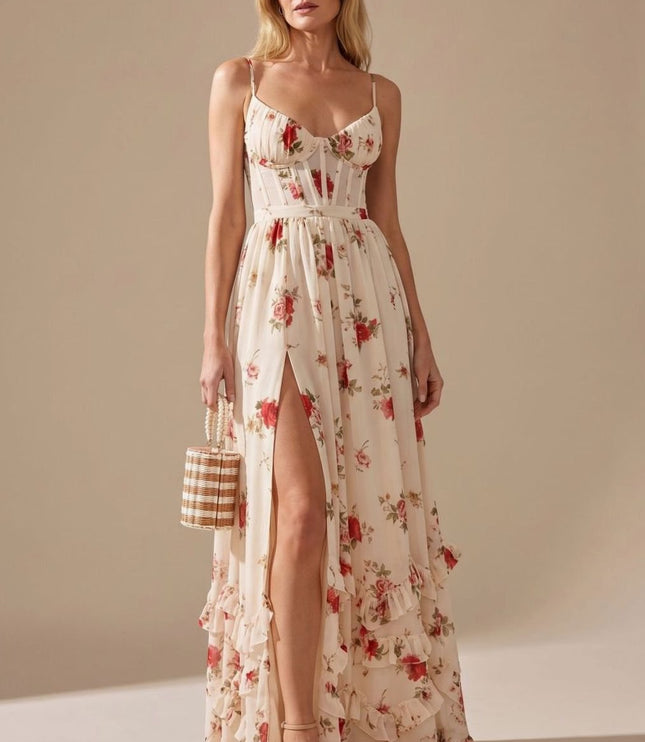 Women's Floral Ruffle High Split Sweetheart Maxi Dress