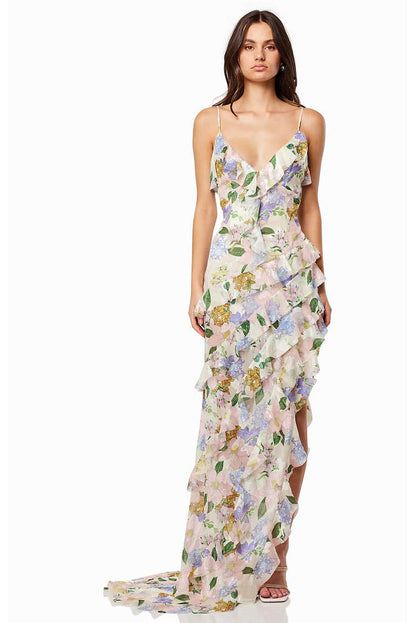 Floral V neck maxi dress with spaghetti straps and layered ruffles in pastel pink and lavender
