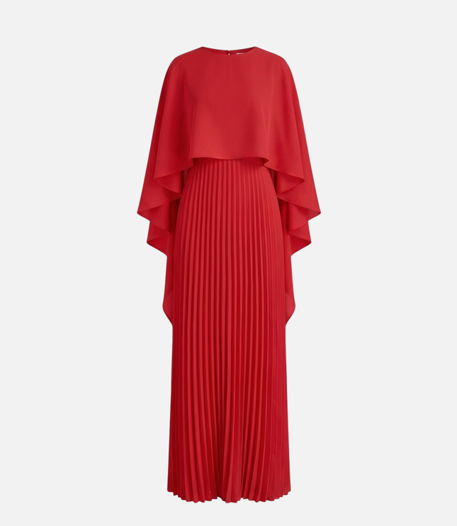 Red women's formal maxi dress with cape overlay and pleated skirt