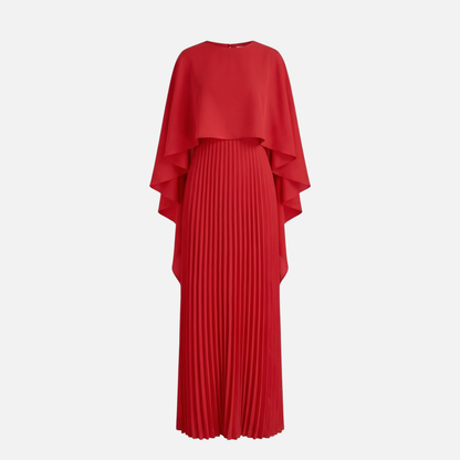 Red women's formal maxi dress with cape overlay and pleated skirt