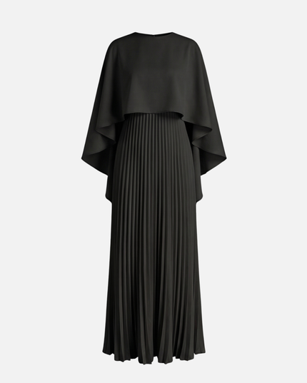 Black women's formal maxi dress with cape overlay and pleated skirt