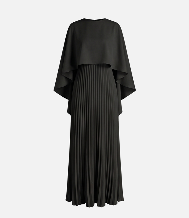 Black women's formal maxi dress with cape overlay and pleated skirt