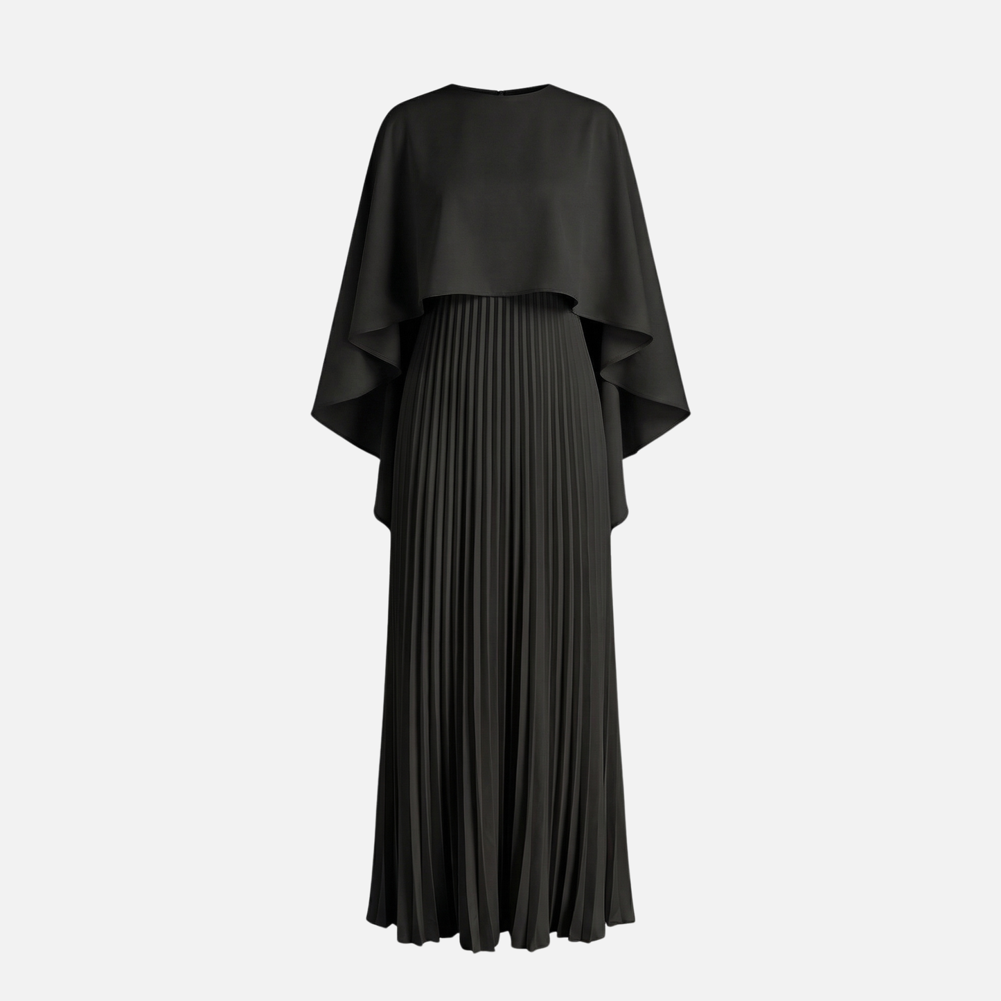 Black women's formal maxi dress with cape overlay and pleated skirt