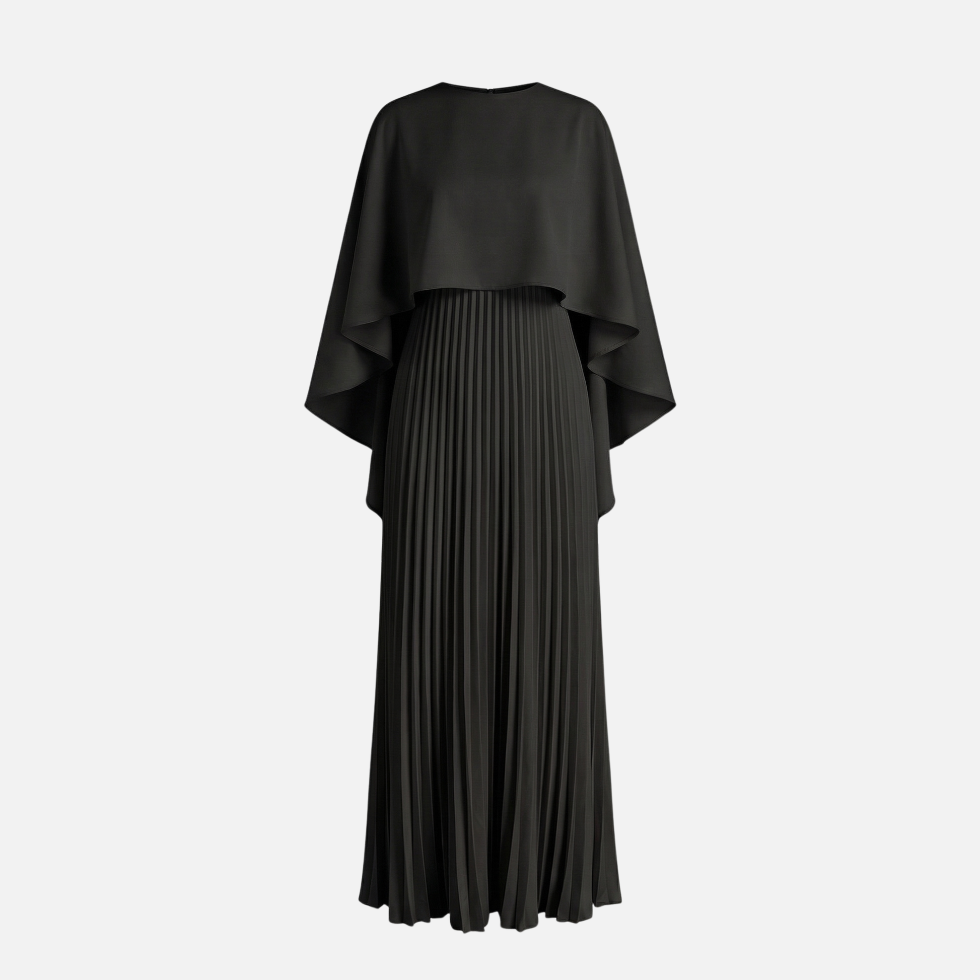 Black women's formal maxi dress with cape overlay and pleated skirt