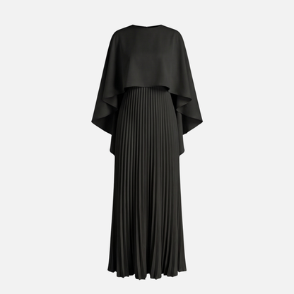 Black women's formal maxi dress with cape overlay and pleated skirt