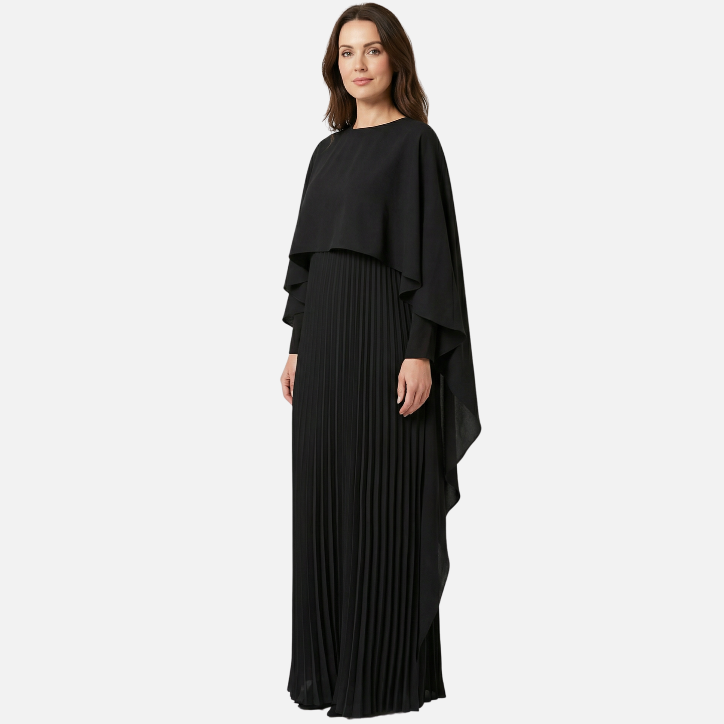 Front view of black cape overlay maxi dress with long pleated skirt for formal wear