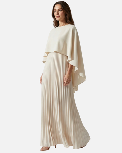 Cream maxi dress with cape overlay, pleated skirt, and long sleeves, formal women's dress