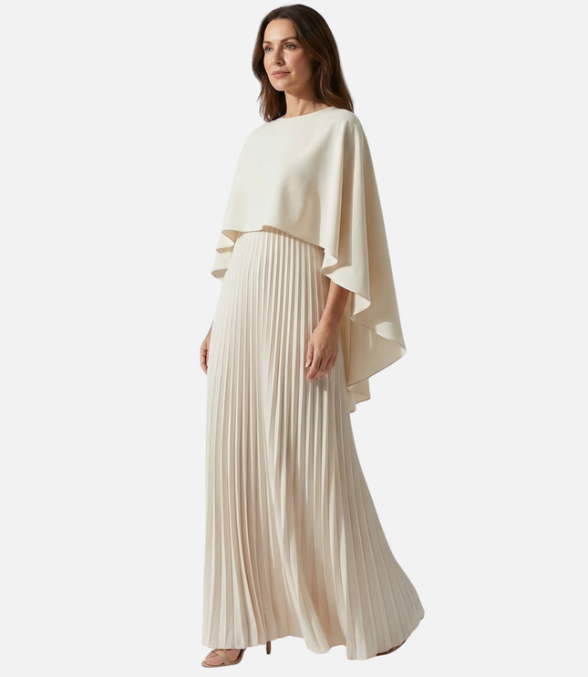 Cream maxi dress with cape overlay, pleated skirt, and long sleeves, formal women's dress
