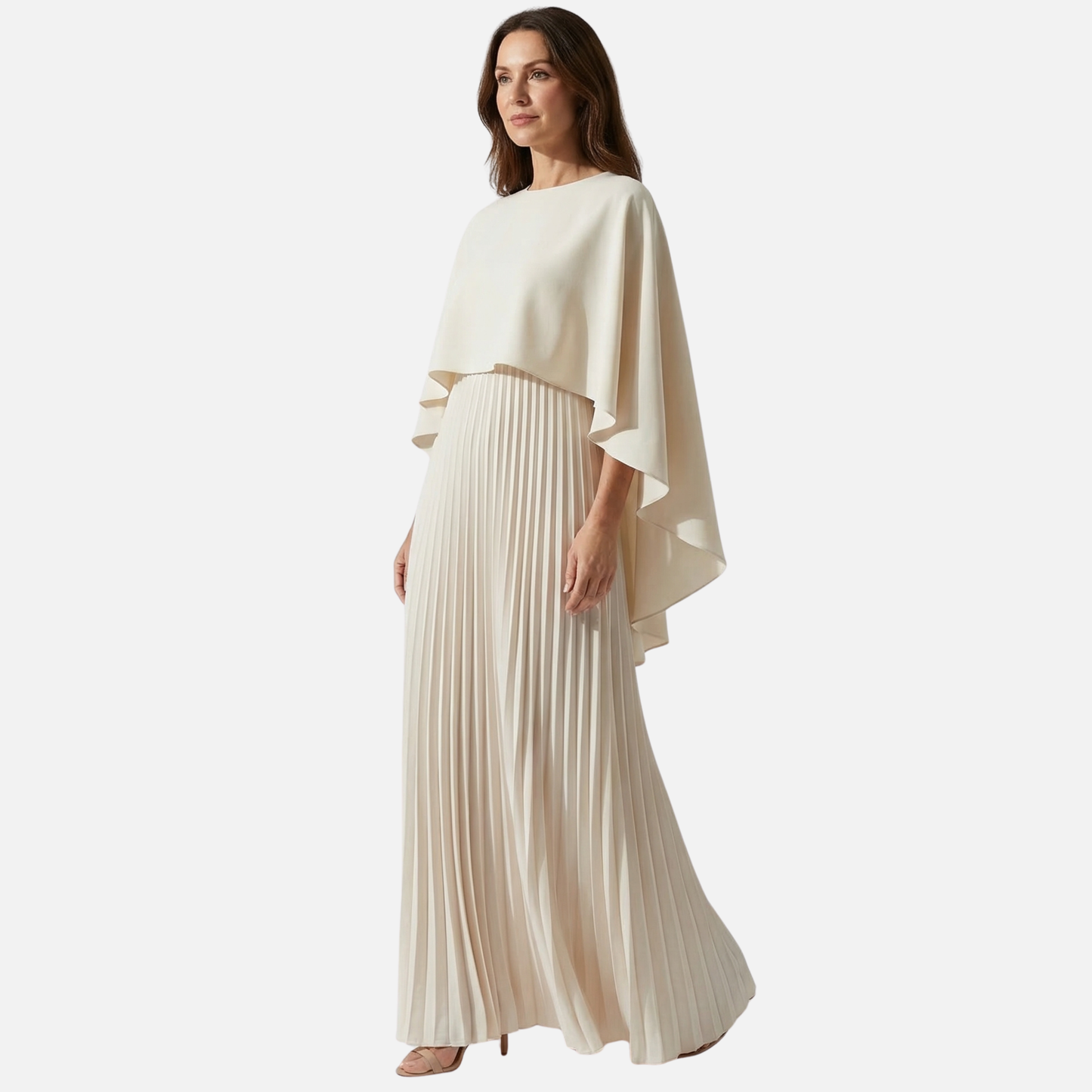 Cream maxi dress with cape overlay, pleated skirt, and long sleeves, formal women's dress