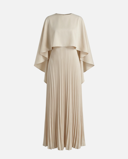 Beige maxi dress with cape overlay and pleated skirt, elegant formal women's dress