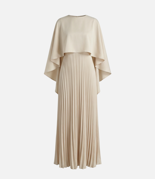 Beige maxi dress with cape overlay and pleated skirt, elegant formal women's dress
