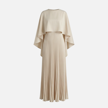Beige maxi dress with cape overlay and pleated skirt, elegant formal women's dress