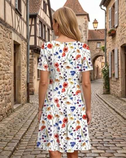 Back view of women's floral midi dress with scoop neckline and short sleeves