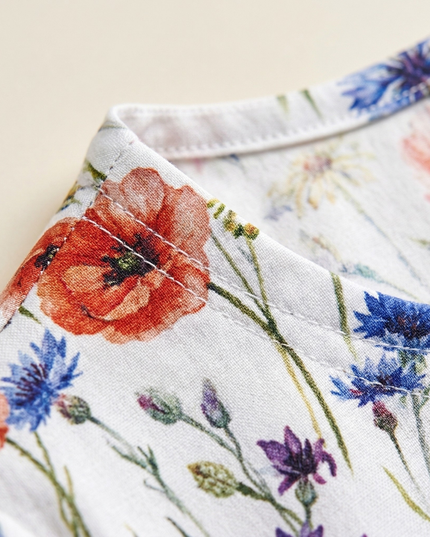 Close-up of floral scoop neck midi dress fabric with red, blue, and purple flowers