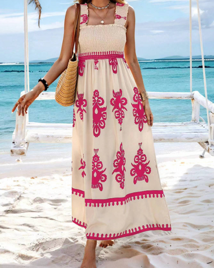 Cream floral maxi dress with pink print, sleeveless summer dress and relaxed beach style