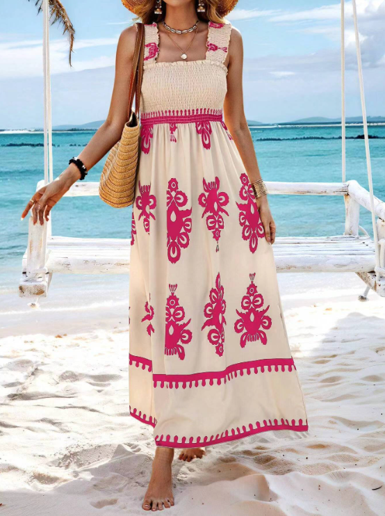 Cream floral maxi dress with pink print, sleeveless summer dress and relaxed beach style
