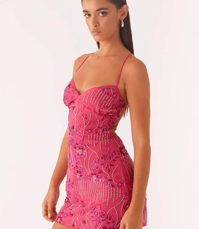 Women's Floral Spaghetti Strap Wedding Guest Mini Dress