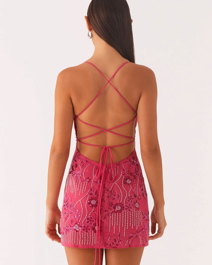 Women's Floral Spaghetti Strap Wedding Guest Mini Dress