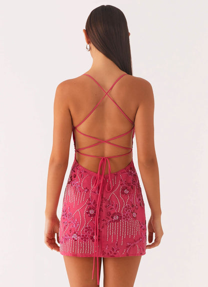 Women's Floral Spaghetti Strap Wedding Guest Mini Dress