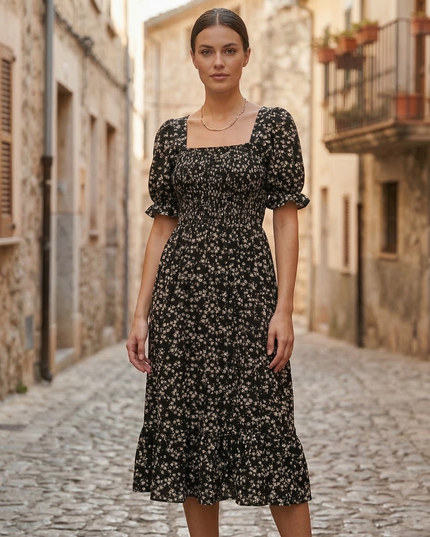 Black floral square neck midi dress with puff sleeves and fitted smocked waist