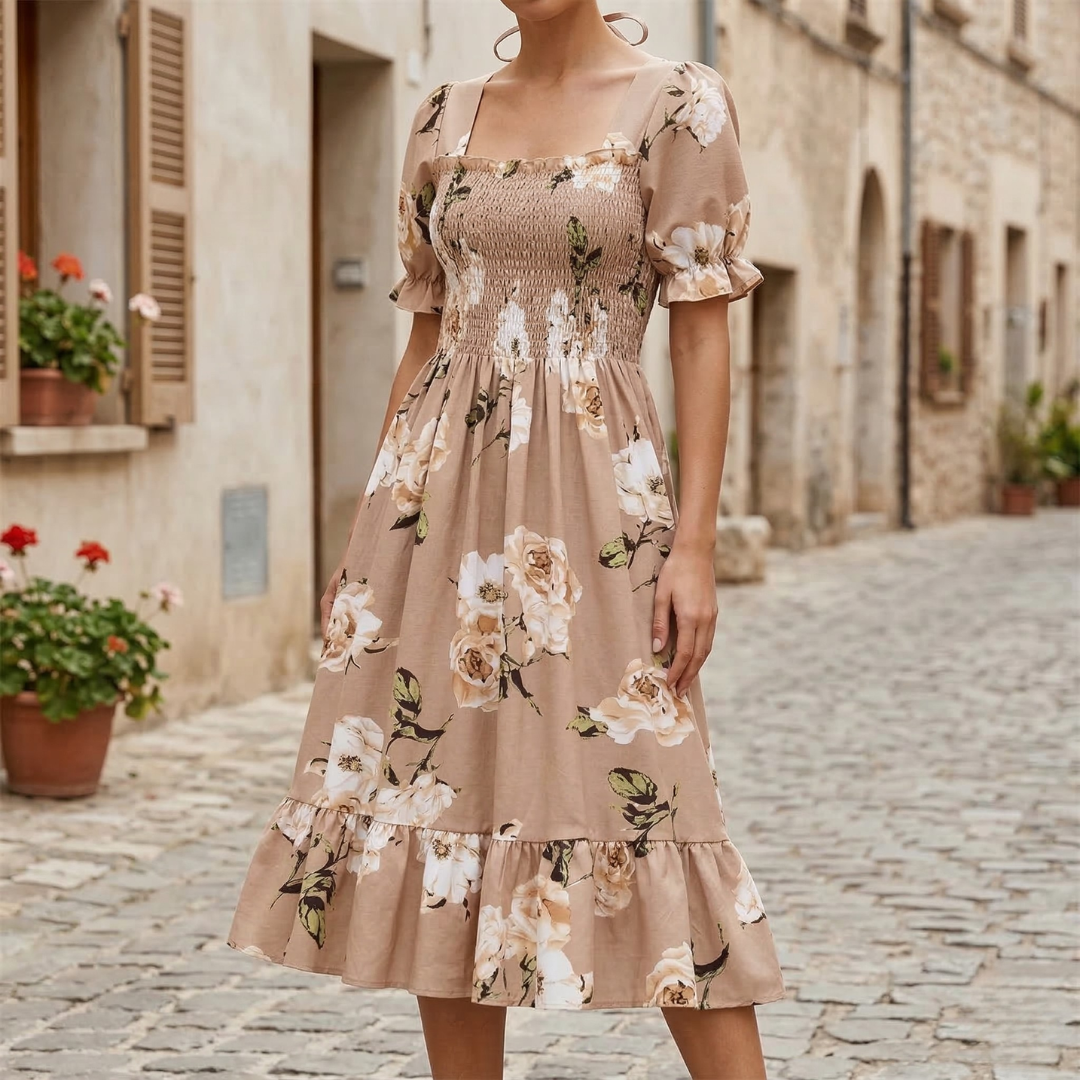 Women's Floral Square Neck Smocked Puff Sleeve Midi Dress - Blue / S - Fashion