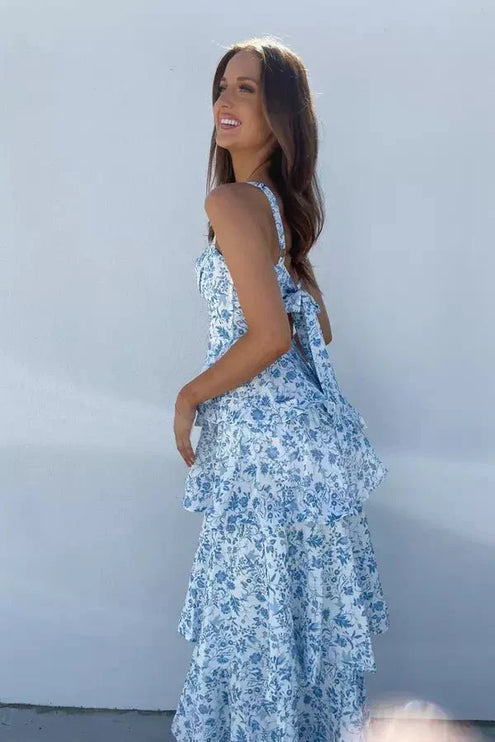 Back view of a floral tiered maxi dress with tie straps and flowing ruffle layers