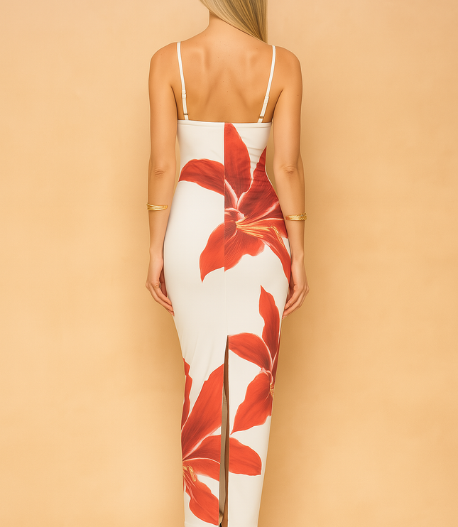 Back view of white floral spaghetti strap maxi dress with red flower print and slit detail