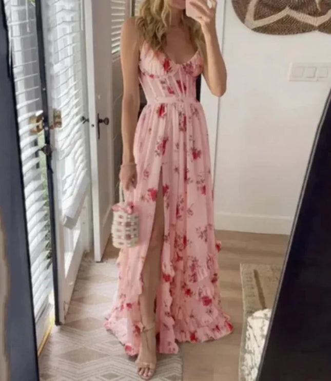 Pink floral spaghetti strap maxi dress with corset top and front slit