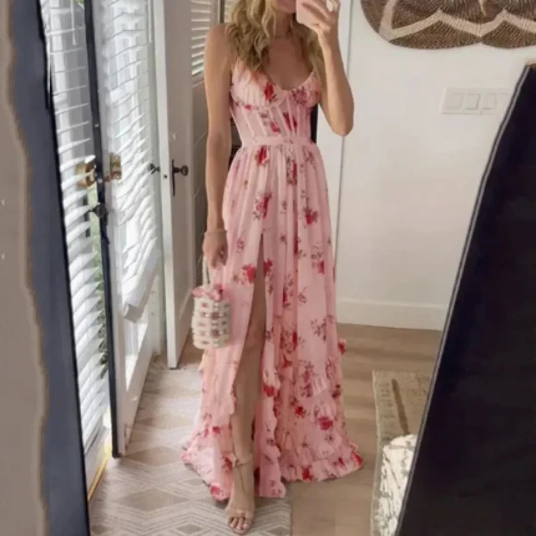 Pink floral spaghetti strap maxi dress with corset top and front slit