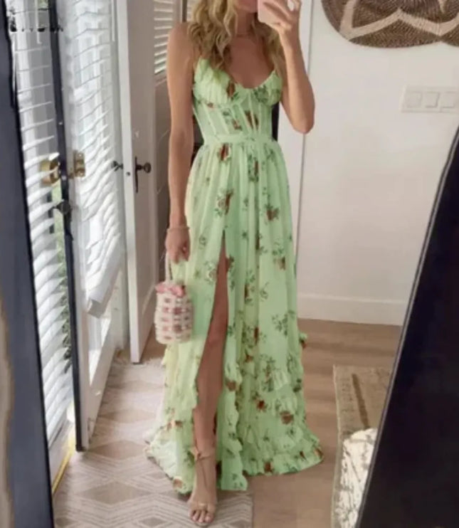 Green floral spaghetti strap maxi dress with corset bodice and slit