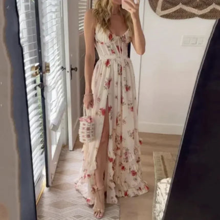 Cream floral spaghetti strap maxi dress with corset bodice and thigh slit