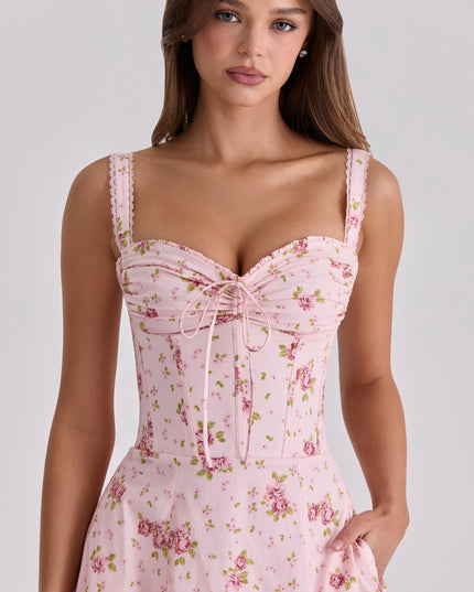 Pink floral sweetheart midi dress with ruched bust, lace straps, and corset-style bodice