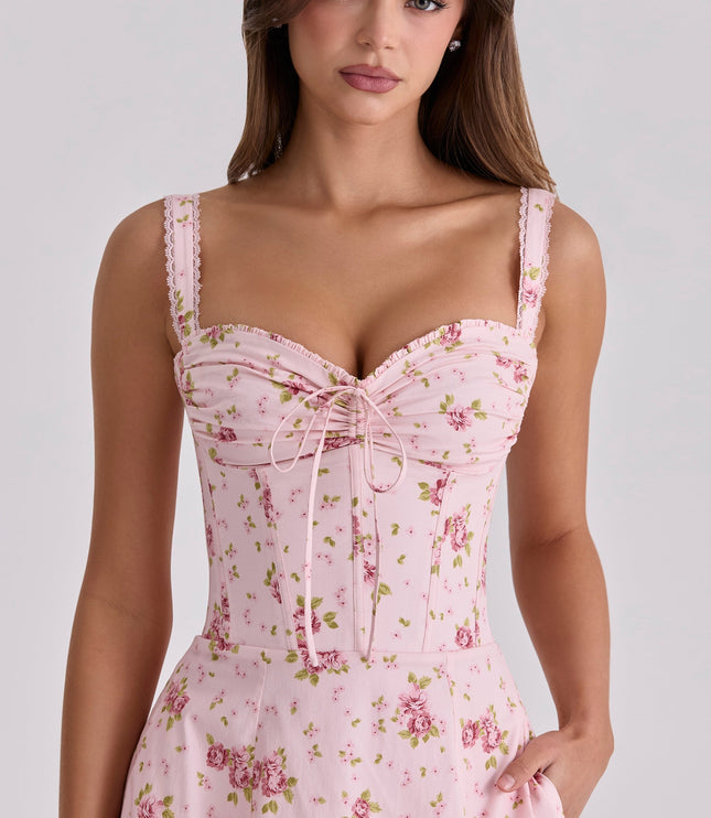 Pink floral sweetheart midi dress with ruched bust, lace straps, and corset-style bodice