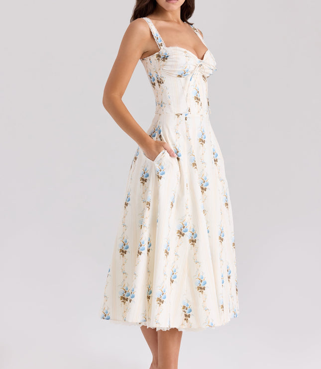 Three-quarter back view of cream floral midi dress with fitted bodice and flared skirt