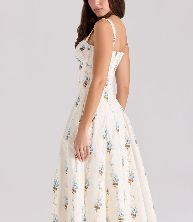 Front view of cream floral midi dress with sweetheart neckline, tie detail, and pockets