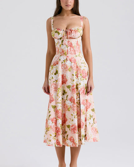 Back view of pink floral midi dress with square back, lace straps, and zipper closure