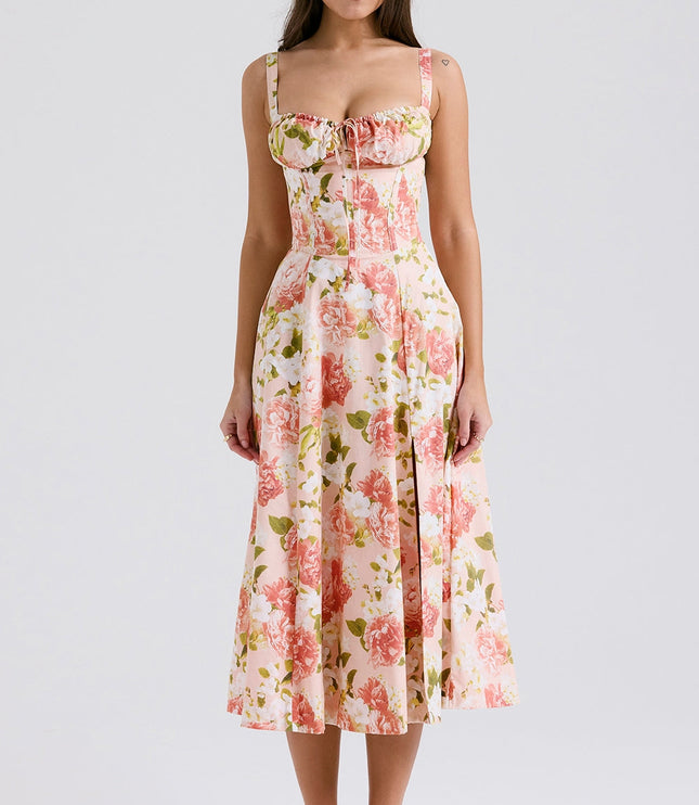 Back view of pink floral midi dress with square back, lace straps, and zipper closure