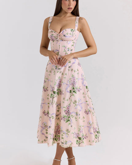 Back view of pink floral midi dress with square neckline straps and full skirt