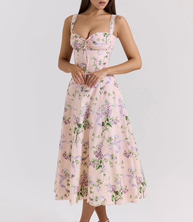 Back view of pink floral midi dress with square neckline straps and full skirt