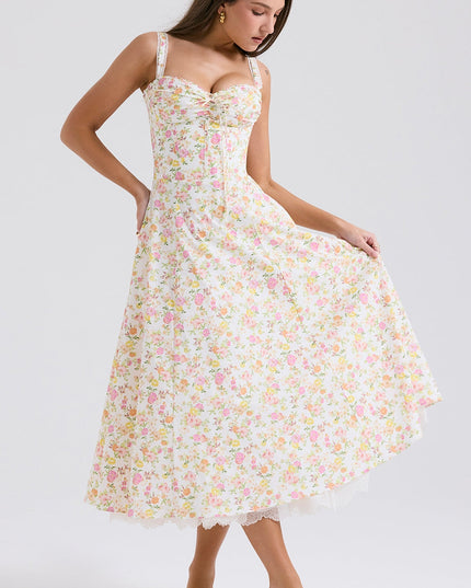 Floral sweetheart midi dress with fitted bodice and flared skirt, wedding guest dress