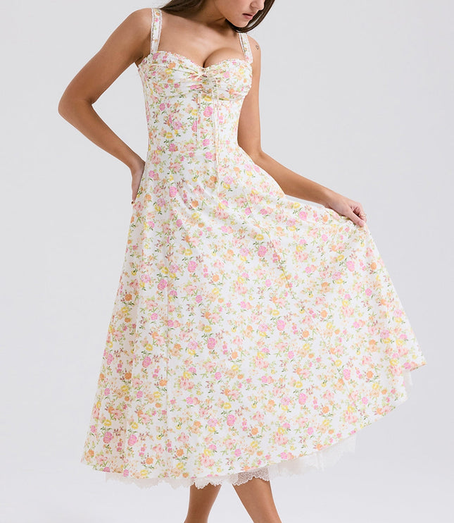 Floral sweetheart midi dress with fitted bodice and flared skirt, wedding guest dress