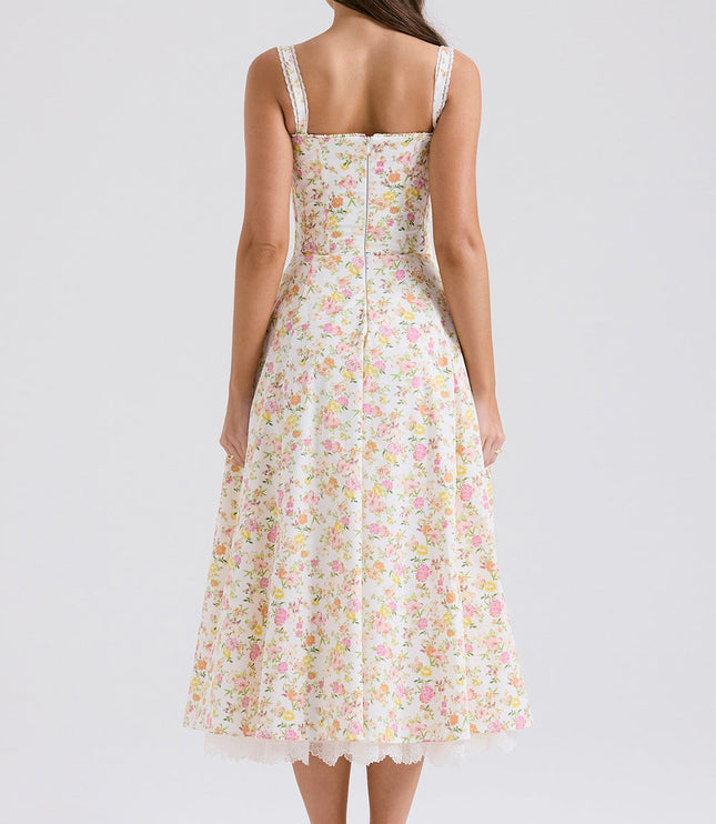 Back view of floral midi dress with wide straps and lace hem, women's wedding guest dress