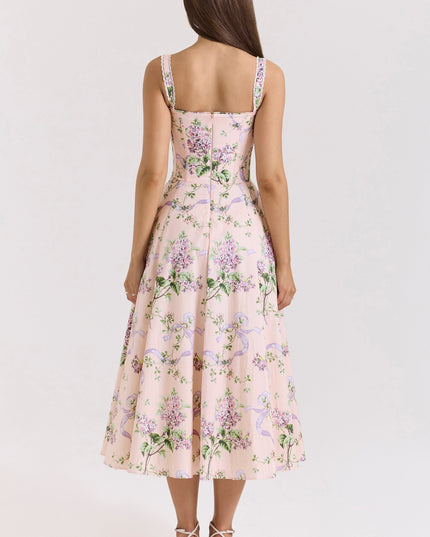 Front view of light blue floral sweetheart midi dress with ruched bust and lace straps