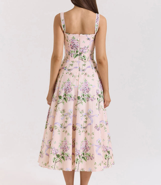 Front view of light blue floral sweetheart midi dress with ruched bust and lace straps