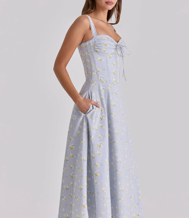 Front view of pink floral sweetheart midi dress with ruched bust and straps