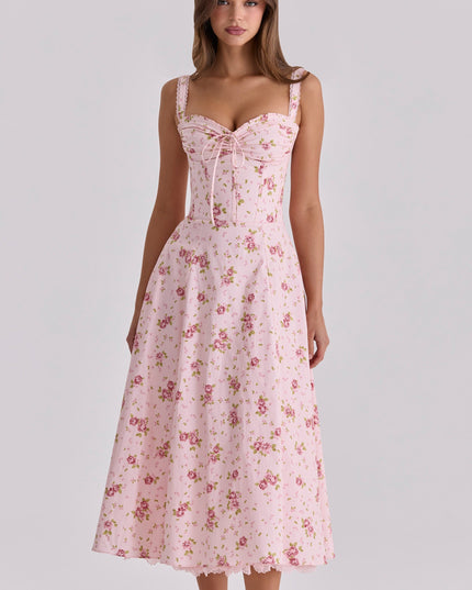 Front view of pink floral midi dress with sweetheart neckline, lace trim, and full skirt