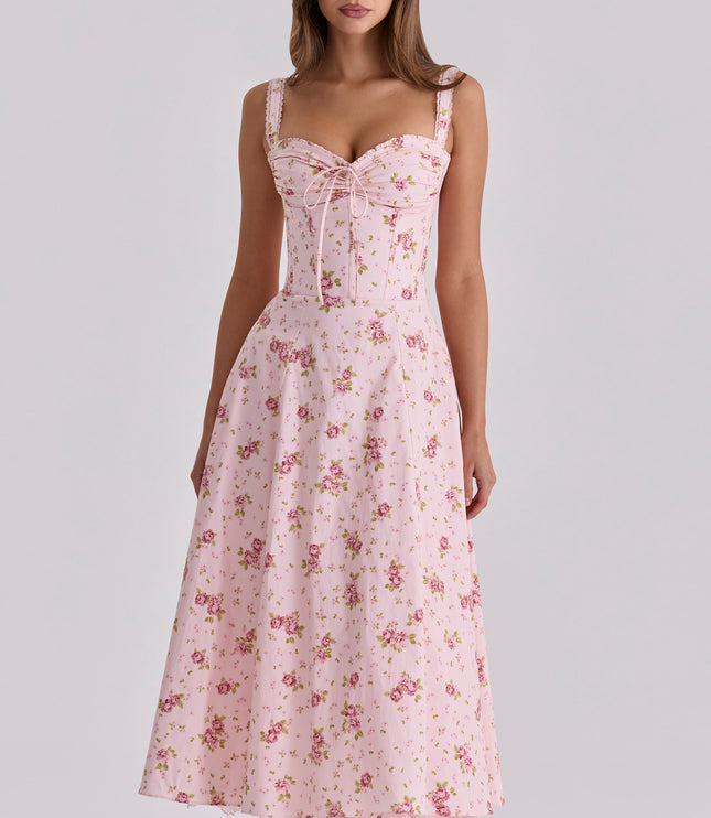 Front view of pink floral midi dress with sweetheart neckline, lace trim, and full skirt