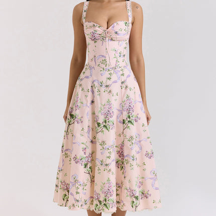 Front view of pink floral sweetheart midi dress with corset bodice and lace trim