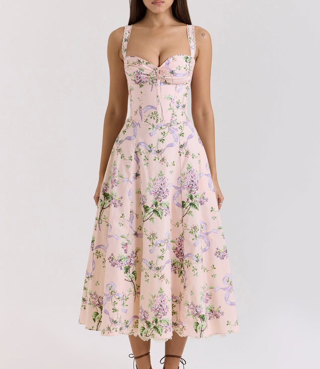 Front view of pink floral sweetheart midi dress with corset bodice and lace trim